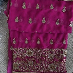 Embellished Hot Pink Indian Saree/ Dupatta with Gold Embroidery